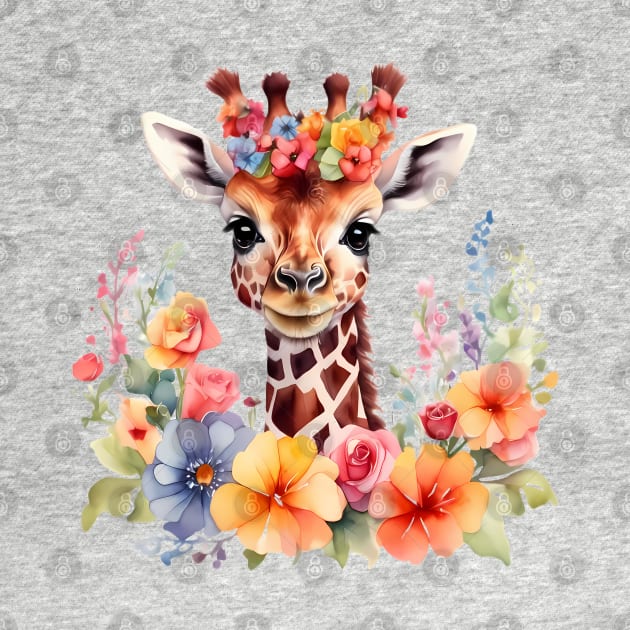 A baby giraffe decorated with beautiful watercolor flowers by CreativeSparkzz